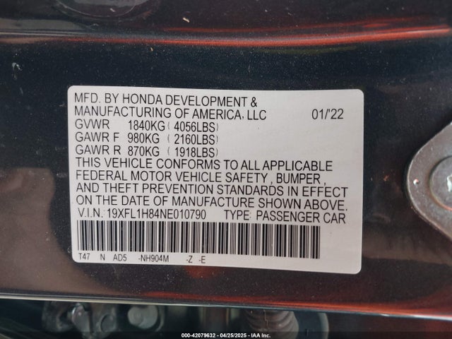 19XFL1H84NE010790 Honda Civic Sport Touring