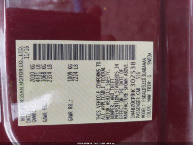 1N4BZ0CP9HC302538 Nissan LEAF SV