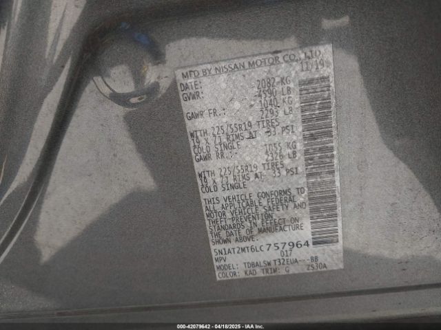5N1AT2MT6LC757964 Nissan Rogue Sl Fwd