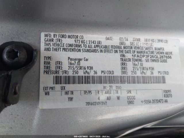 1FADP3F26GL287656 Ford FOCUS SE