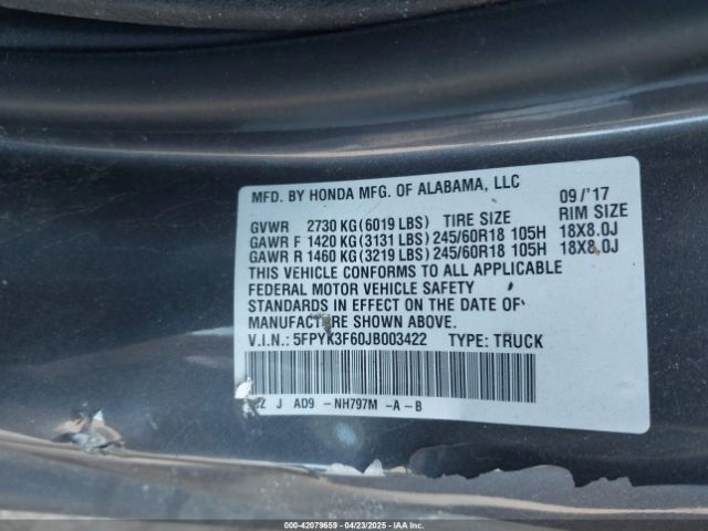 5FPYK3F60JB003422 Honda Ridgeline Rtl-t