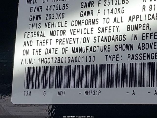 1HGCT2B01GA001130 Honda Accord Touring