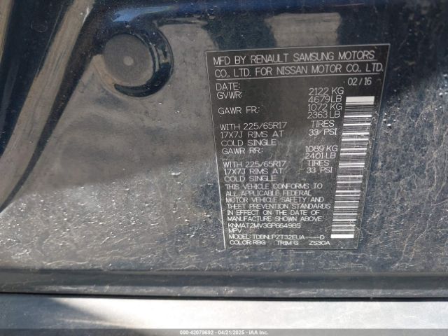 KNMAT2MV3GP664985 Nissan Rogue S/sl/sv