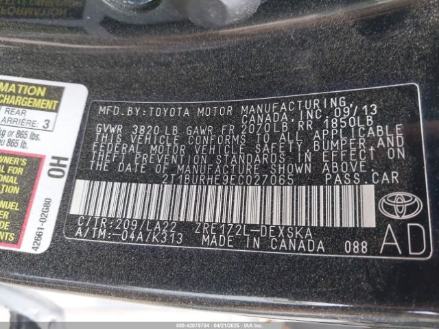 2T1BURHE9EC027065 Toyota Corolla S Premium