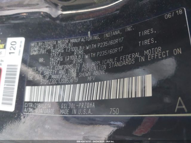 5TDYZ3DC1JS953619 Toyota Sienna Xle Premium 8 Passenger