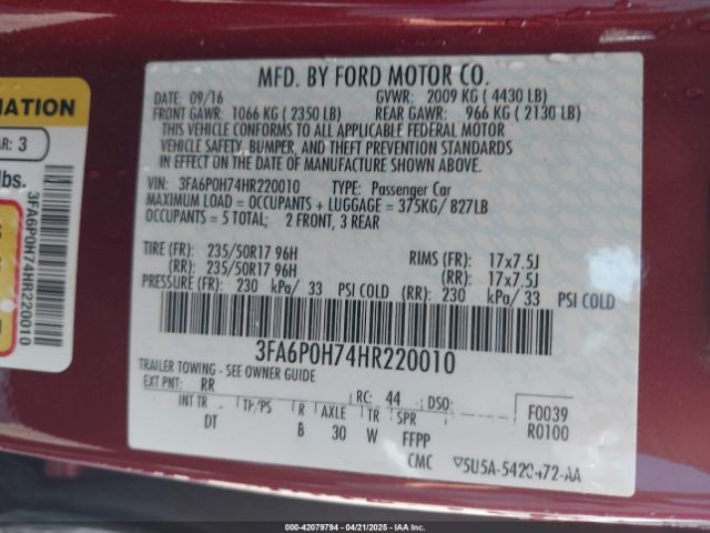 3FA6P0H74HR220010 Ford FUSION SE