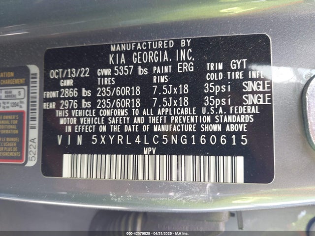 5XYRL4LC5NG160615 KIA SORENTO S
