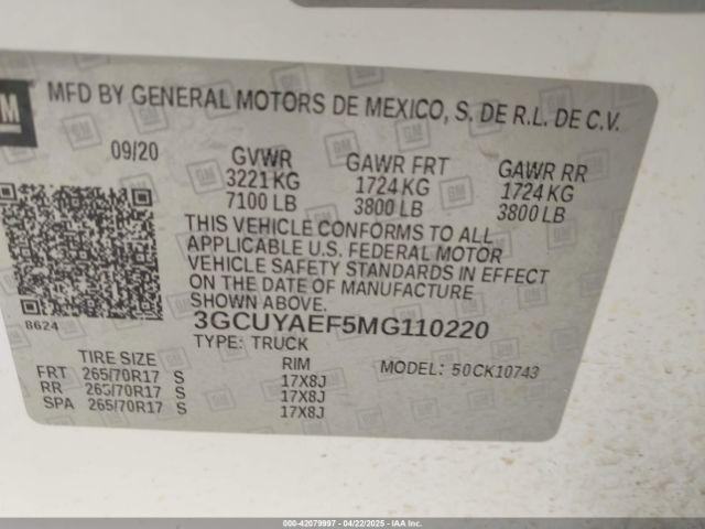 3GCUYAEF5MG110220 Chevrolet Silverado 1500 4wd  Standard Bed Wt