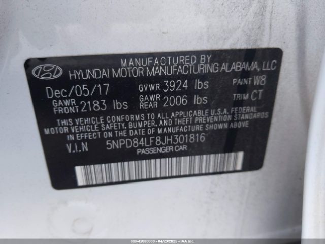 5NPD84LF8JH301816 Hyundai ELANTRA SEL