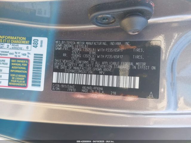 5TDYRKEC0MS007394 Toyota SIENNA XLE