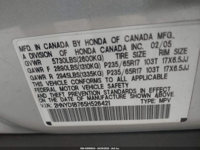 2005 ACURA MDX 2HNYD18765H526421 Photo 8