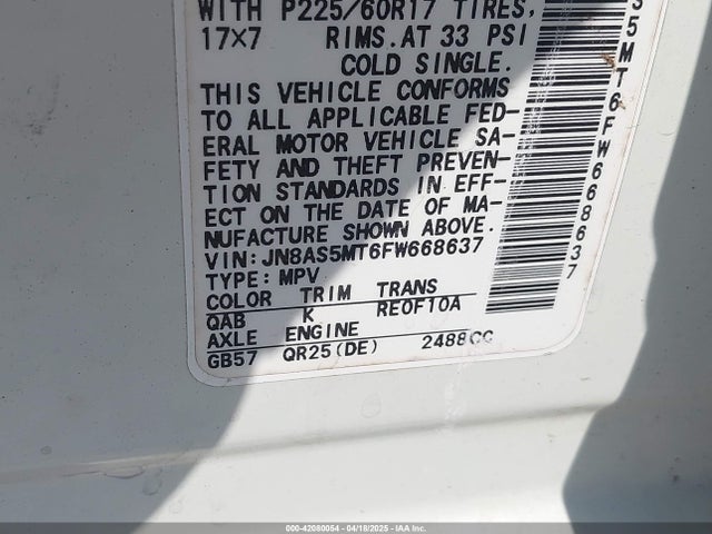 JN8AS5MT6FW668637 Nissan Rogue Select S