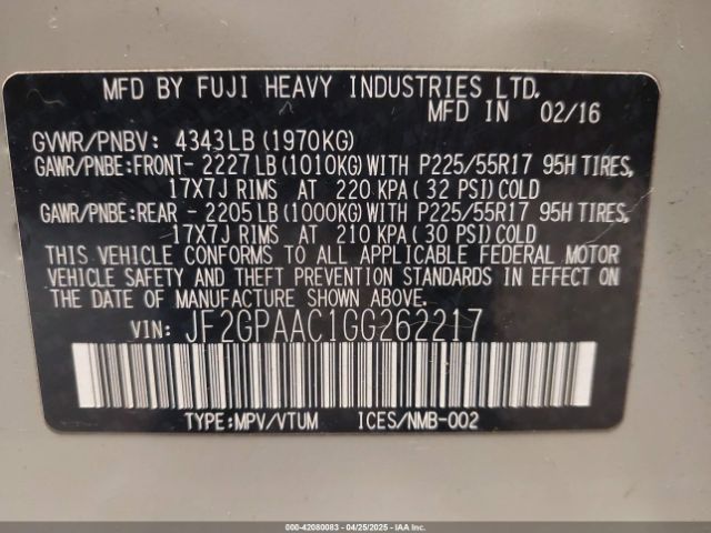 JF2GPAAC1GG262217 Subaru Crosstrek 2.0i