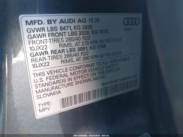 WA1EVAF14MD014781 Audi Q8 Premium Plus 55 Tfsi Quattro Tiptronic