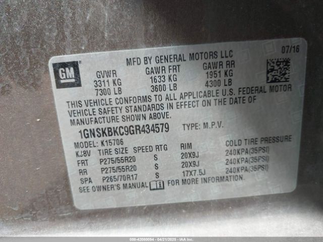 1GNSKBKC9GR434579 Chevrolet Tahoe Lt
