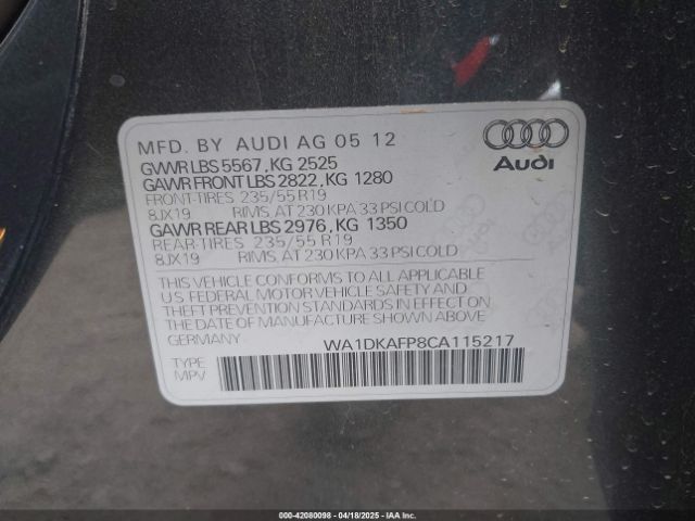 2012 AUDI Q5 WA1DKAFP8CA115217 Photo 8