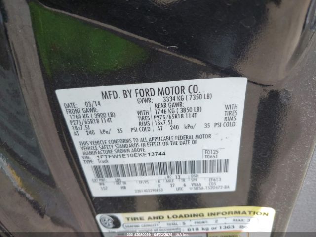 1FTFW1ET0EKE13744 Ford F-150 Lariat