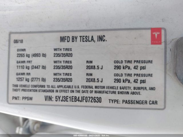 5YJ3E1EB4JF072630 Tesla 2018
