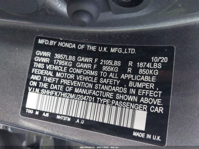 SHHFK7H62MU204701 Honda CIVIC EX