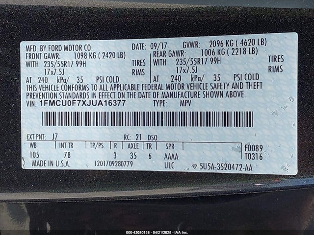 1FMCU0F7XJUA16377 Ford ESCAPE S