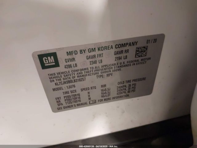 KL7CJKSB0LB318257 Chevrolet Trax Fwd Ls