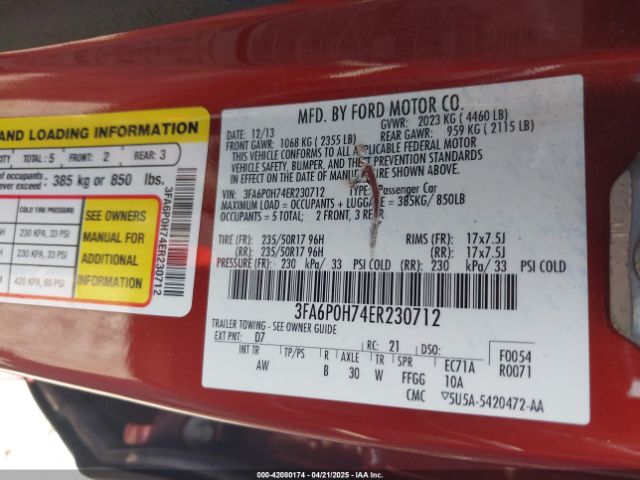 3FA6P0H74ER230712 Ford FUSION SE