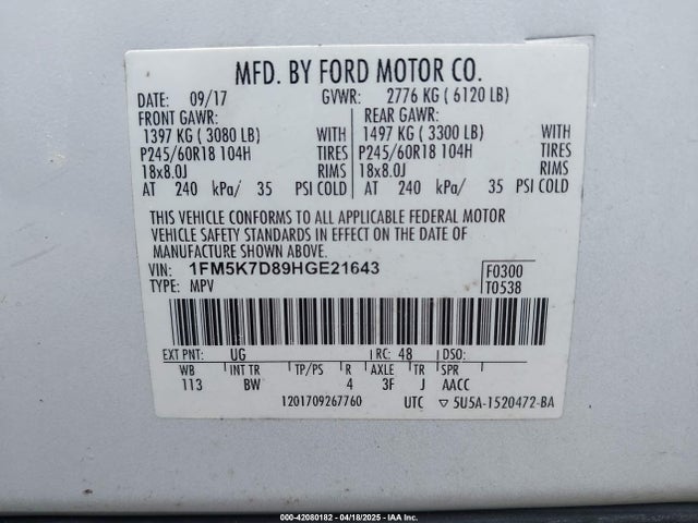 1FM5K7D89HGE21643 Ford EXPLORER XLT