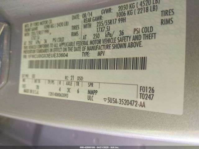 1FMCU0GX3EUE33604 Ford ESCAPE SE