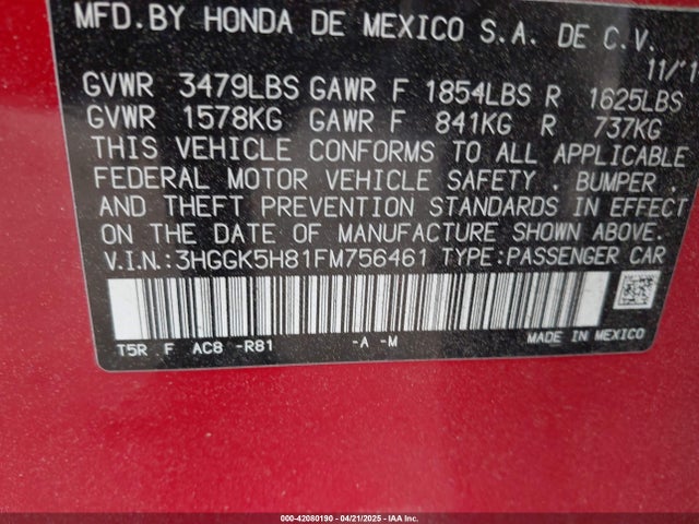 3HGGK5H81FM756461 Honda Fit Ex/ex-l