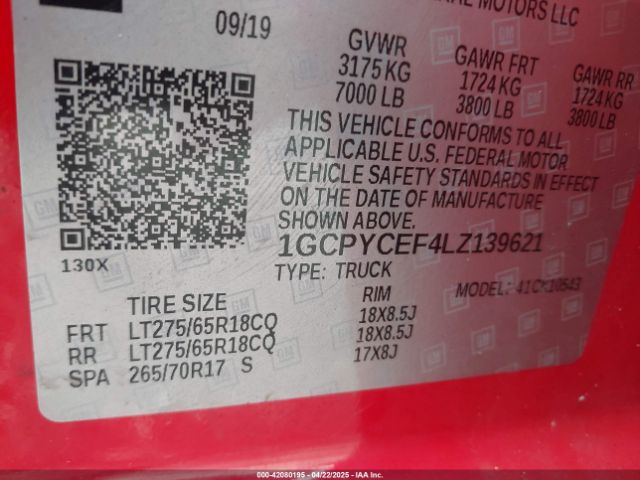 1GCPYCEF4LZ139621 Chevrolet Silverado 1500 4wd  Short Bed Custom Trail Boss
