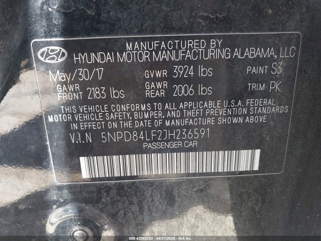 5NPD84LF2JH236591 Hyundai ELANTRA SEL