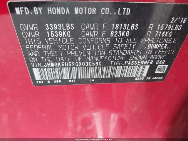 JHMGK5H52GX030560 Honda FIT LX