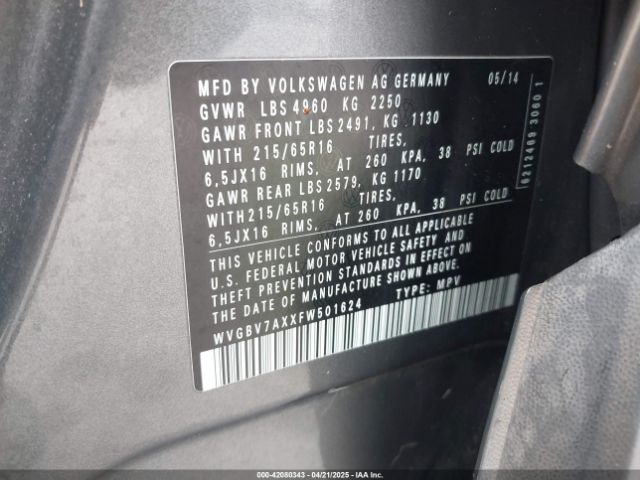 WVGBV7AXXFW501624 Volkswagen TIGUAN S