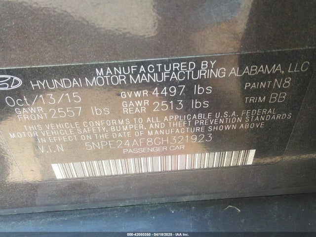 5NPE24AF8GH321923 Hyundai SONATA SE