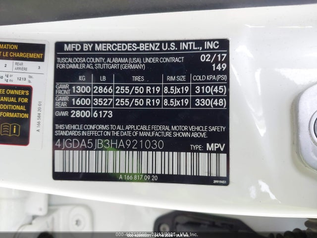 42080351 :رقم المزاد ، 4JGDA5JB3HA921030 vin ، 2017 Mercedes-benz Gle 350 مزاد بيع