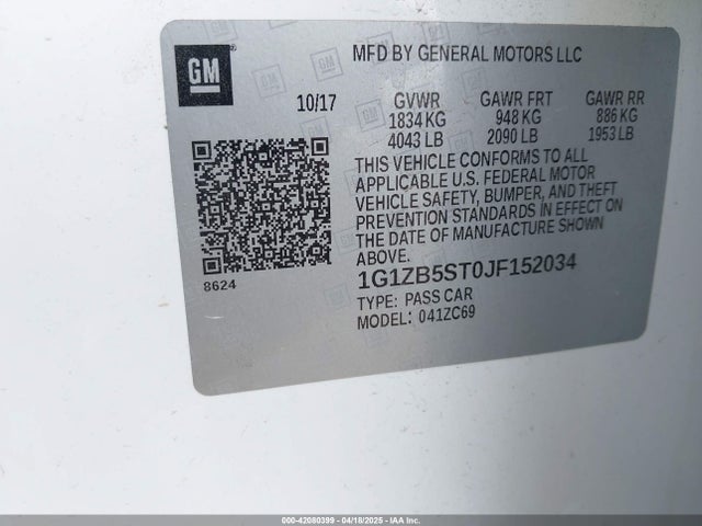 1G1ZB5ST0JF152034 Chevrolet lfv - direct injection, variable valve timing, gen 1