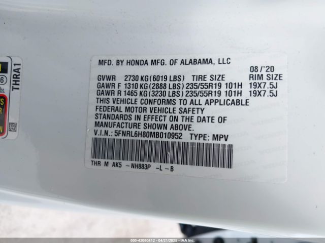 5FNRL6H80MB010952 Honda Odyssey Touring