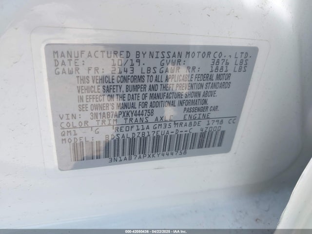 3N1AB7APXKY444758 Nissan SENTRA SV