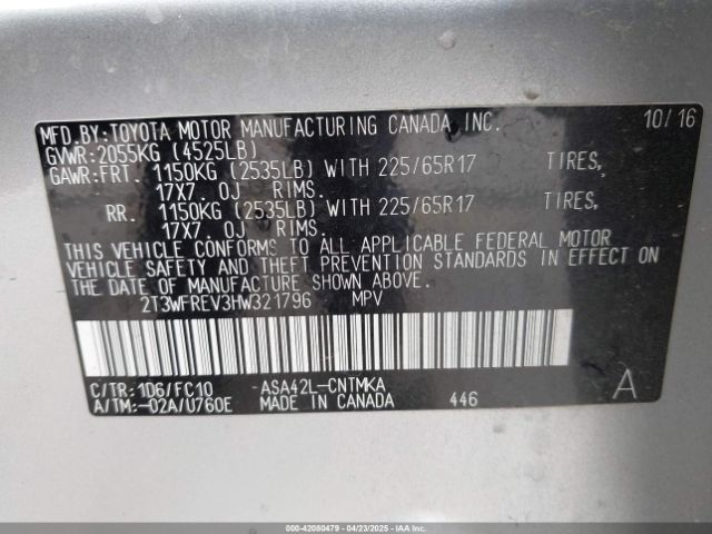 2T3WFREV3HW321796 Toyota Rav4 Xle