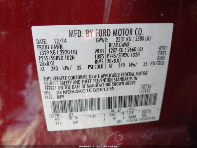 2FMDK4KC1EBB81315 Ford Edge Limited