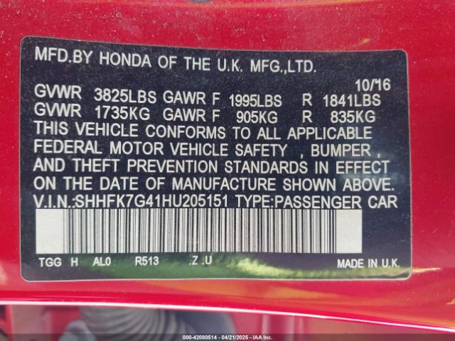 SHHFK7G41HU205151 Honda Civic Sport