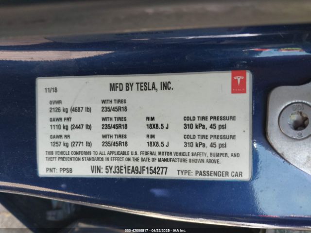 5YJ3E1EA9JF154277 Tesla Model 3 Long Range/mid Range