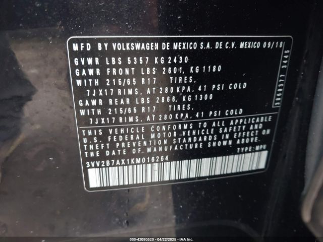 3VV2B7AX1KM016264 Volkswagen Tiguan 2.0t Se/2.0t Sel/2.0t Sel R-line/2.0t Sel R-line Black