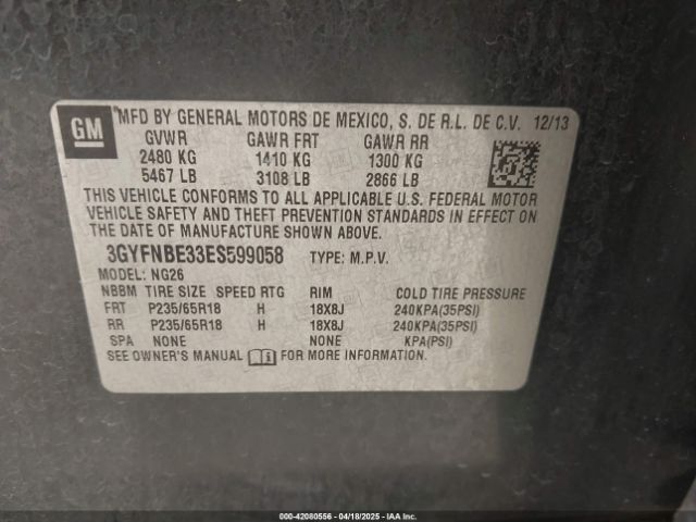 3GYFNBE33ES599058 Cadillac Srx Luxury Collection