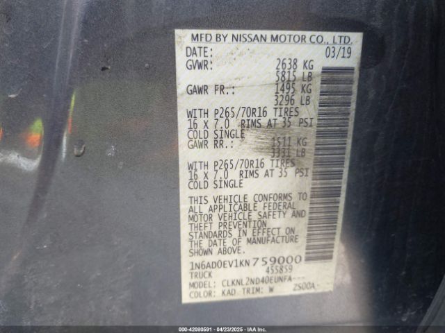 1N6AD0EV1KN759000 Nissan Frontier Sv