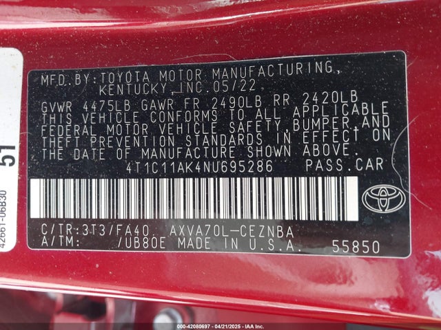 4T1C11AK4NU695286 Toyota CAMRY LE