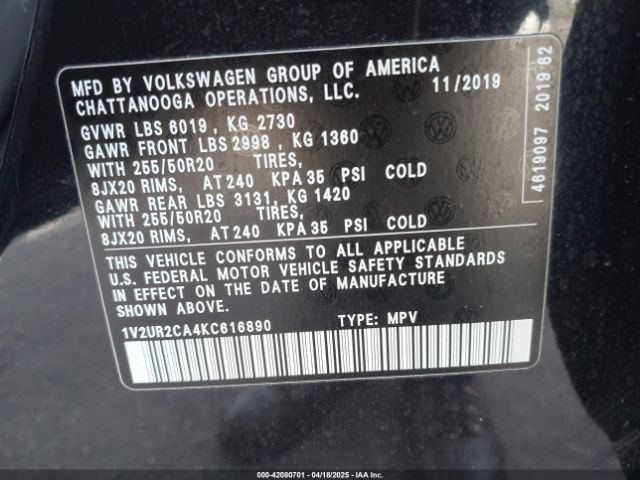 1V2UR2CA4KC616890 Volkswagen Atlas 3.6l V6 Se W/technology