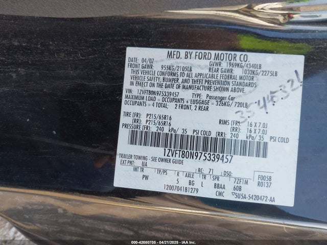 42080705 :رقم المزاد ، 1ZVFT80N975339457 vin ، 2007 Ford Mustang V6 Deluxe/v6 Premium مزاد بيع