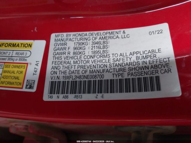 19XFL2H83NE008700 Honda Civic Sport