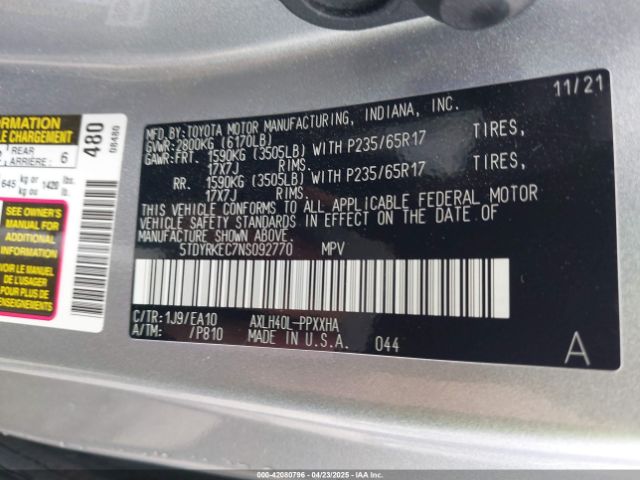 5TDYRKEC7NS092770 Toyota SIENNA XLE